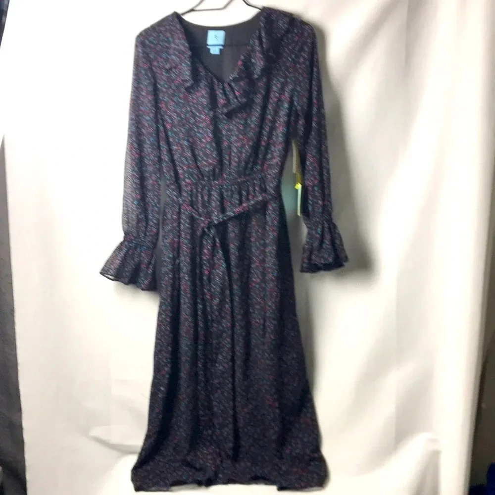 CECE WOMENS SIZE 2 BLACK SMALL BLACK FLORAL PRAIRIE DRESS‎ SHEER SLEEVES …